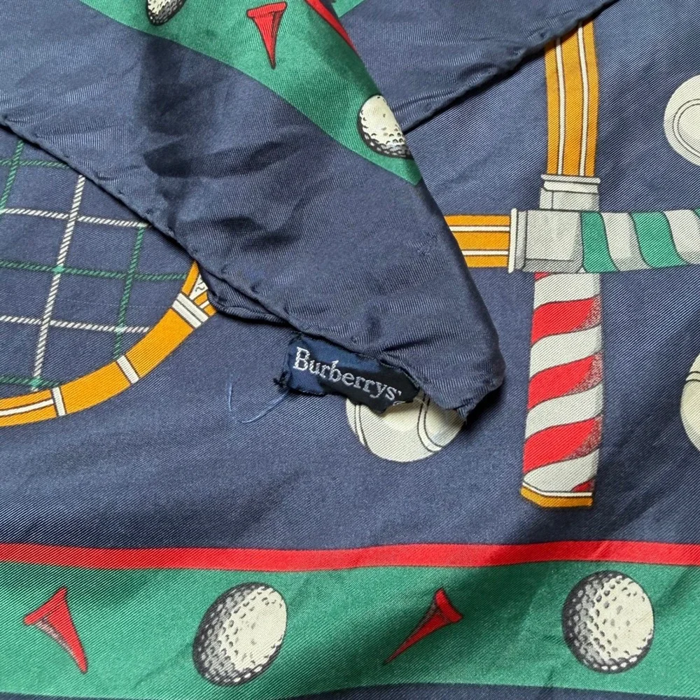 Vintage Burberry 100% Silk Scarf Tennis Golf Sports Navy Blue Square 34